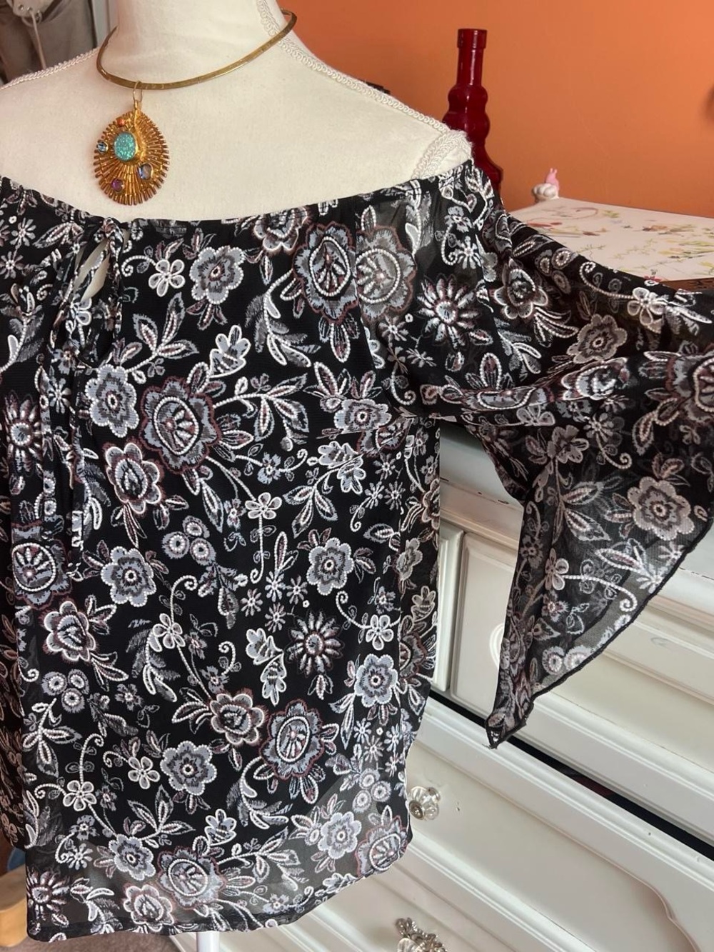 Espresso Black Floral Off-Shoulder Sheer Blouse